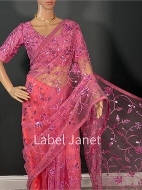 Pink Embroidered Sheer Saree with stitching blouse (36” - 42”)